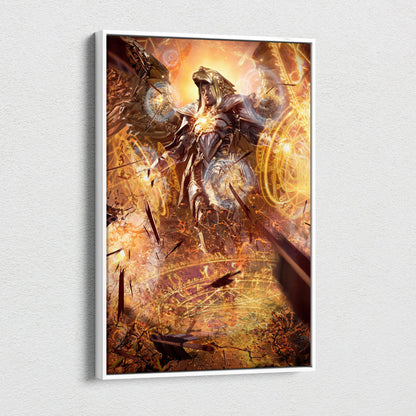 Celestial Archangel Warrior Canvas Wall Art – Radiant Golden Angel with Wings, Divine Magic Circles, Epic Fantasy Battle Scene, Heavenly Light Cinematic Art Print