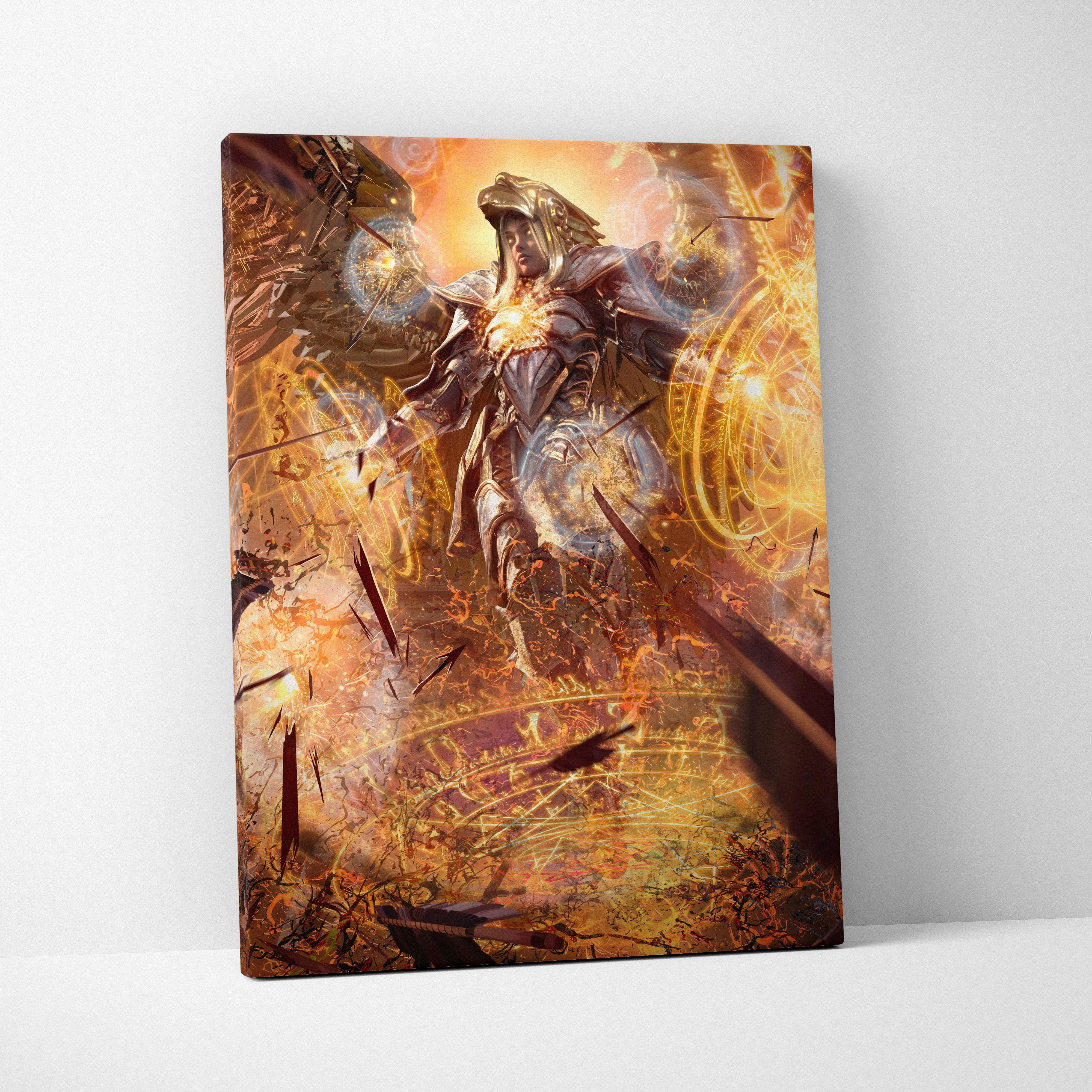 Vibrant fantasy-themed canvas wall art featuring an armored warrior with glowing golden energy and mechanical elements