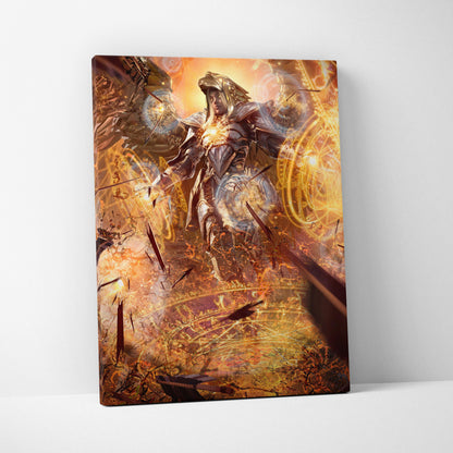 Celestial Archangel Warrior Canvas Wall Art – Radiant Golden Angel with Wings, Divine Magic Circles, Epic Fantasy Battle Scene, Heavenly Light Cinematic Art Print