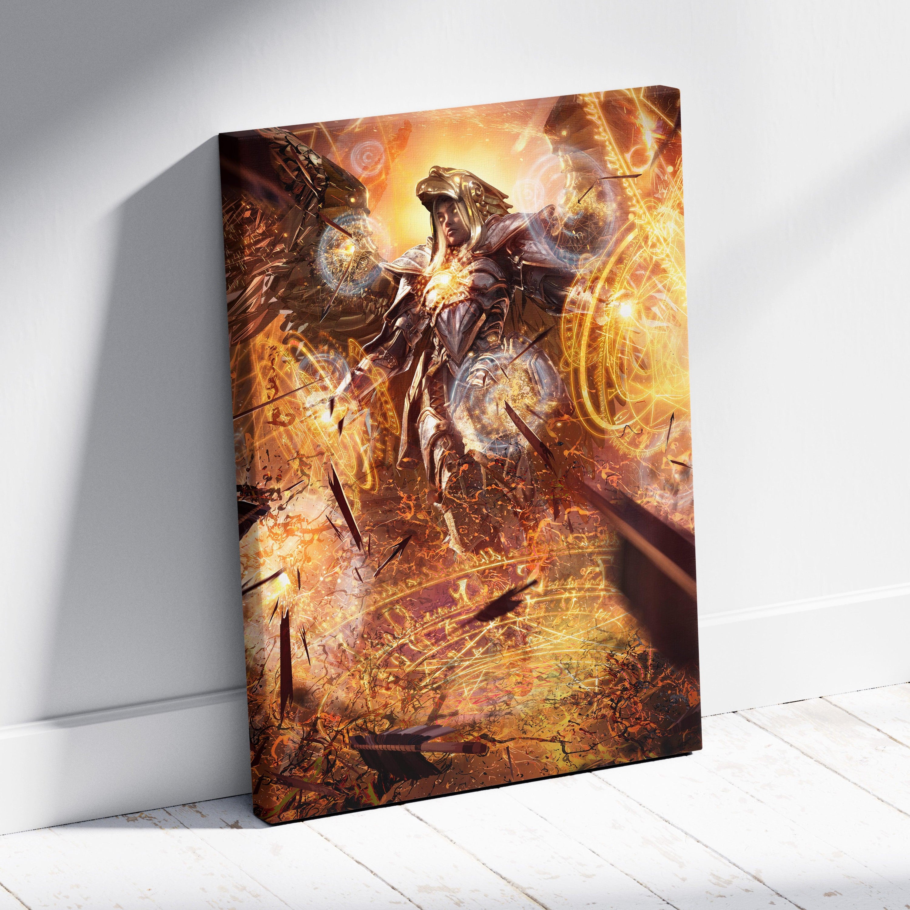 Celestial Archangel Warrior Canvas Wall Art – Radiant Golden Angel with Wings, Divine Magic Circles, Epic Fantasy Battle Scene, Heavenly Light Cinematic Art Print