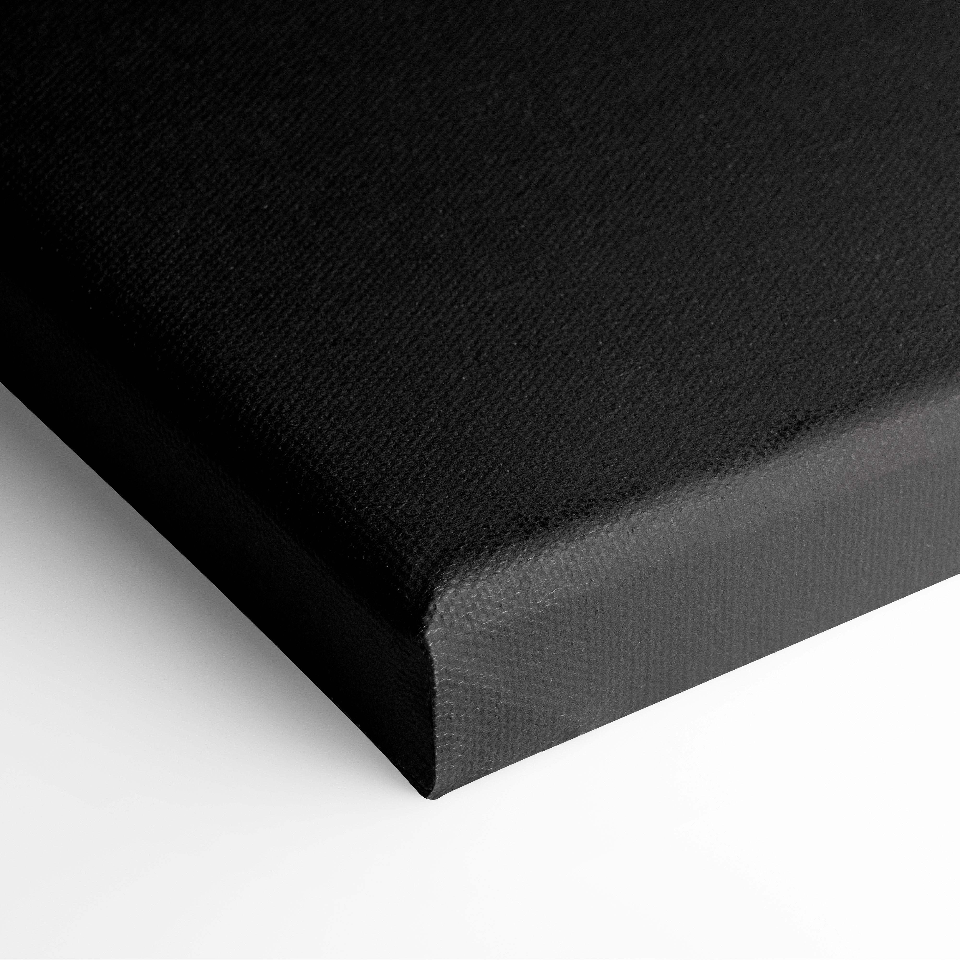 Black canvas print with textured surface and wrapped edges featuring epic fantasy adventurers in dark forest battle silhouette