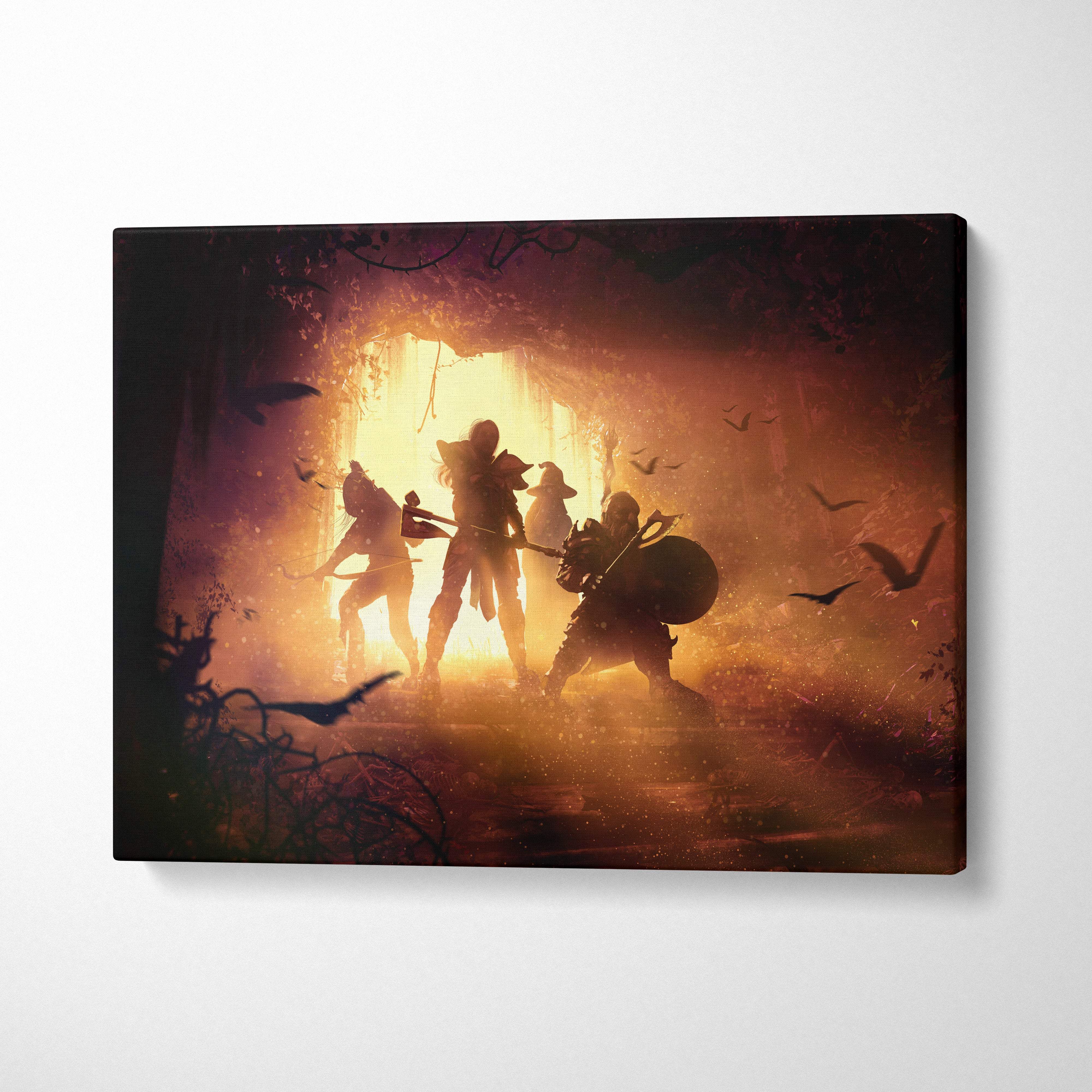Rectangular canvas print of epic fantasy adventurers silhouetted in a glowing cave entrance with golden light