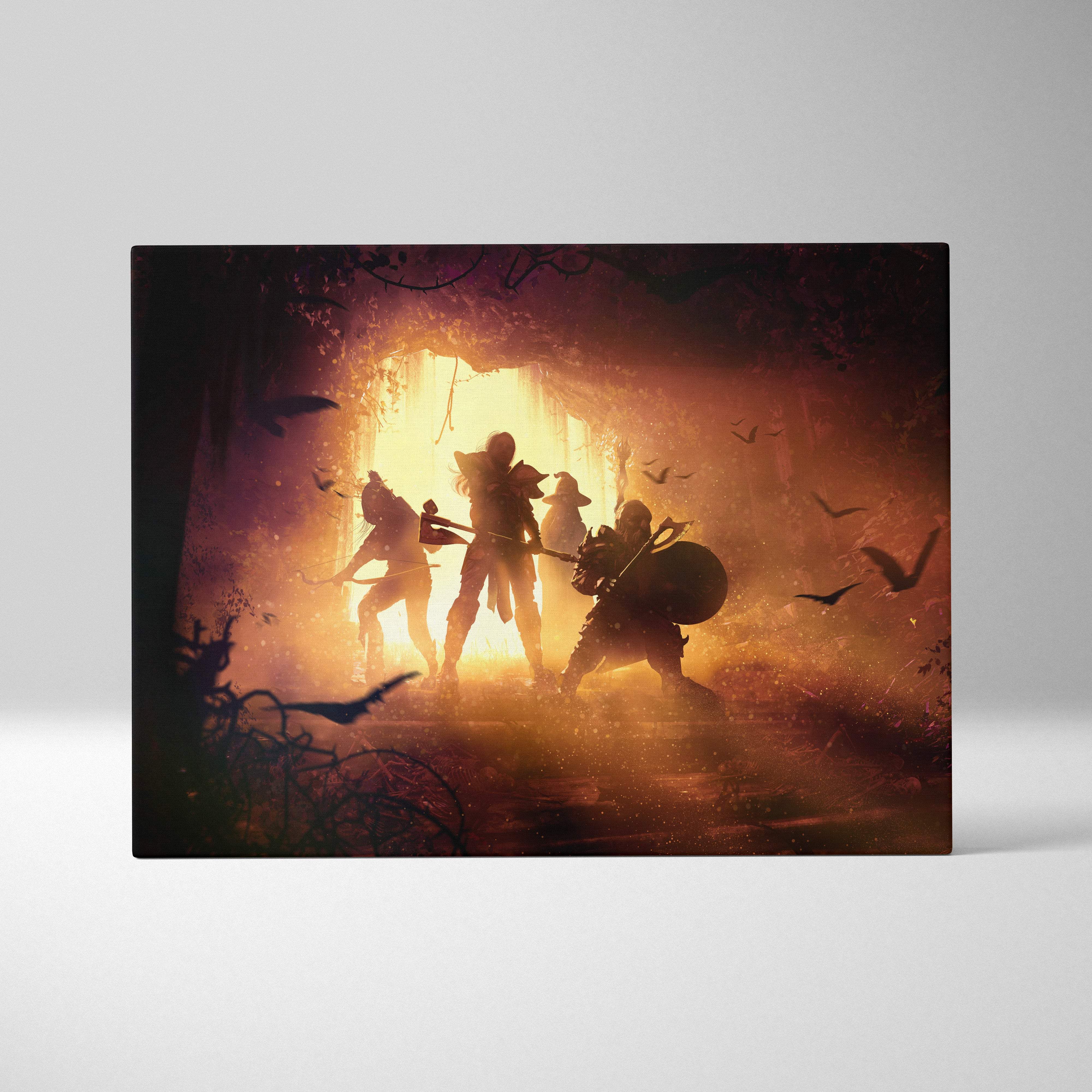 A rectangular canvas print of epic fantasy adventurers silhouetted in an orange-lit cave with bats and glowing particles