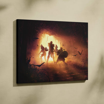 Rectangular canvas print of silhouetted fantasy warriors in a glowing fiery cave with bats for medieval rpg decor