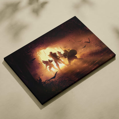 Rectangular canvas print of silhouetted fantasy adventurers in a fiery jungle with birds golden light digital art