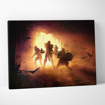 A rectangular canvas print of epic fantasy adventurers silhouetted in an orange-lit cave with bats and vines