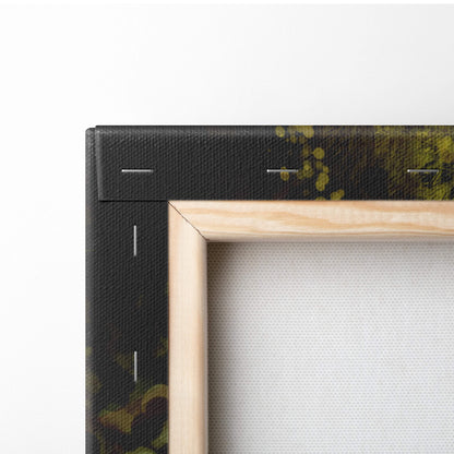 Light wood-framed canvas print with black textured border featuring green abstract foliage in elven archer warrior design