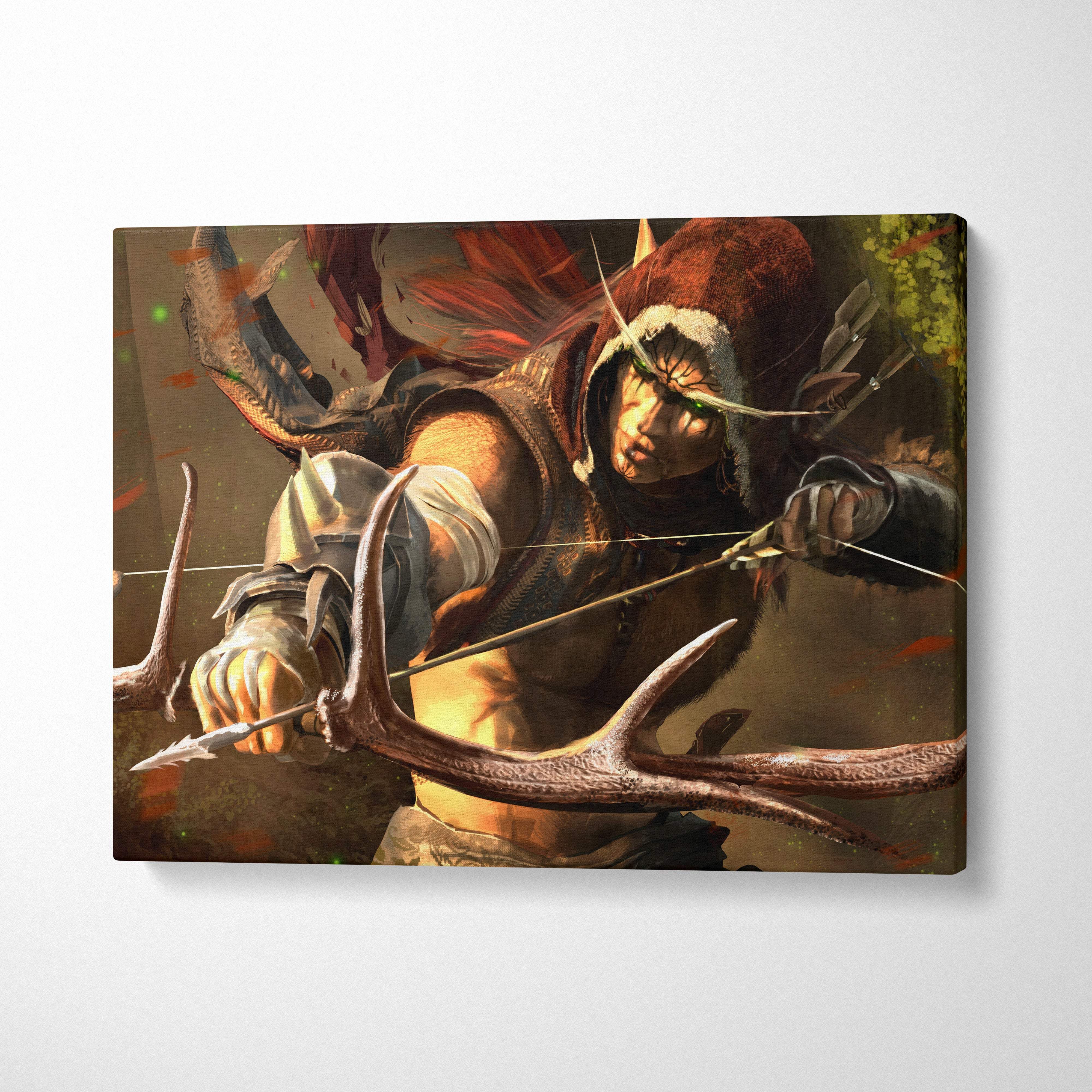 Canvas print of an elven archer warrior with glowing green eyes in a red hood wielding an ornate antler bow
