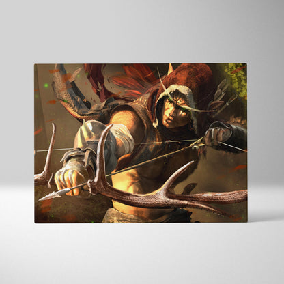 Elven archer warrior canvas art with glowing green eyes dark armor and red hood holding antler bow in forest battle scene