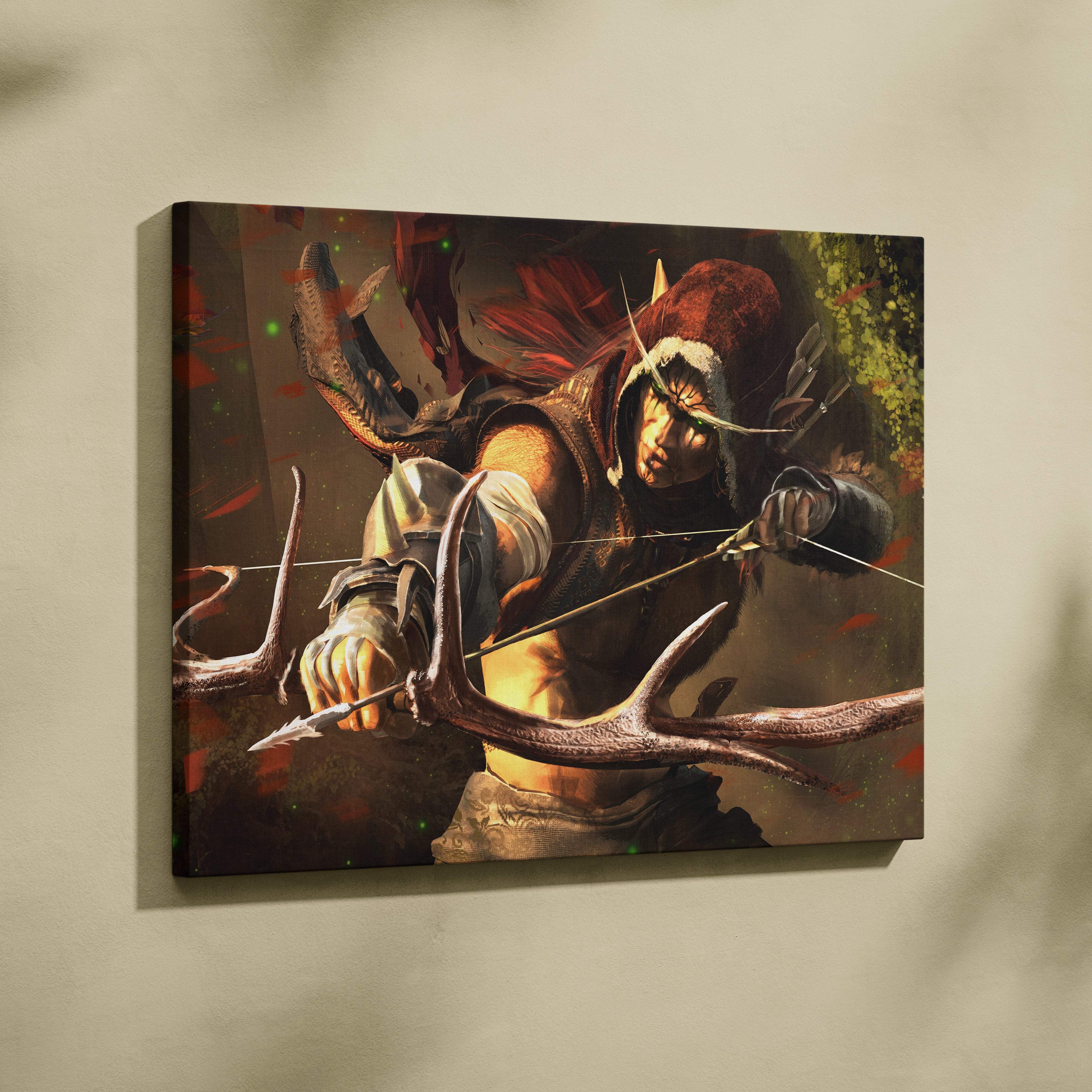Elven archer warrior canvas art featuring a red-haired fantasy ranger with antler-like bow in dark tones with gold highlights
