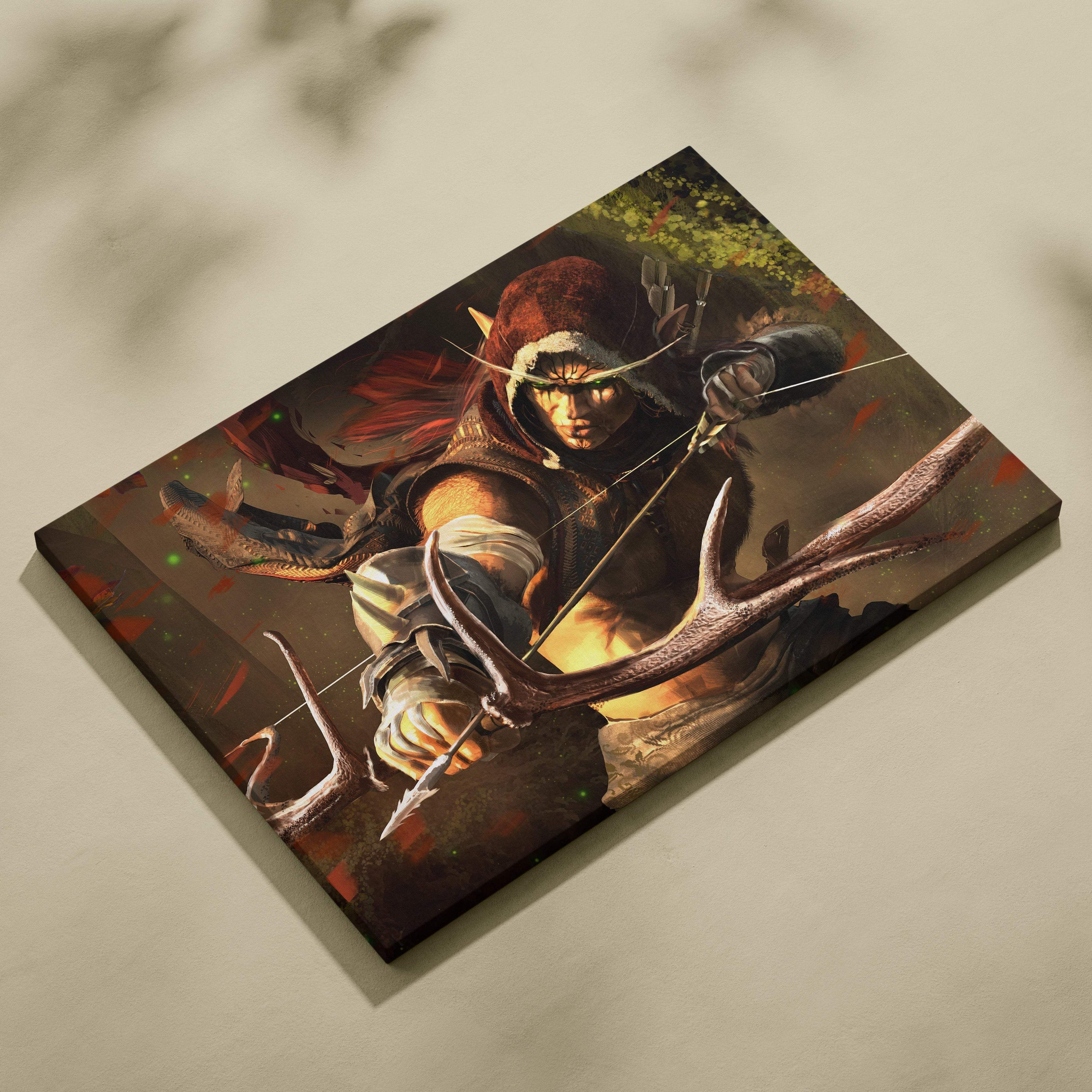 Square canvas print of a red haired elf archer holding a bow amid autumn foliage in a detailed fantasy forest scene