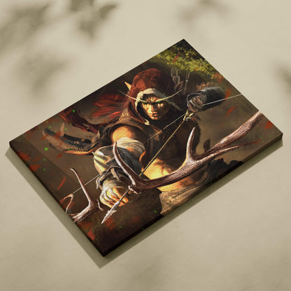 Square canvas print of a red haired elf archer holding a bow amid autumn foliage in a detailed fantasy forest scene