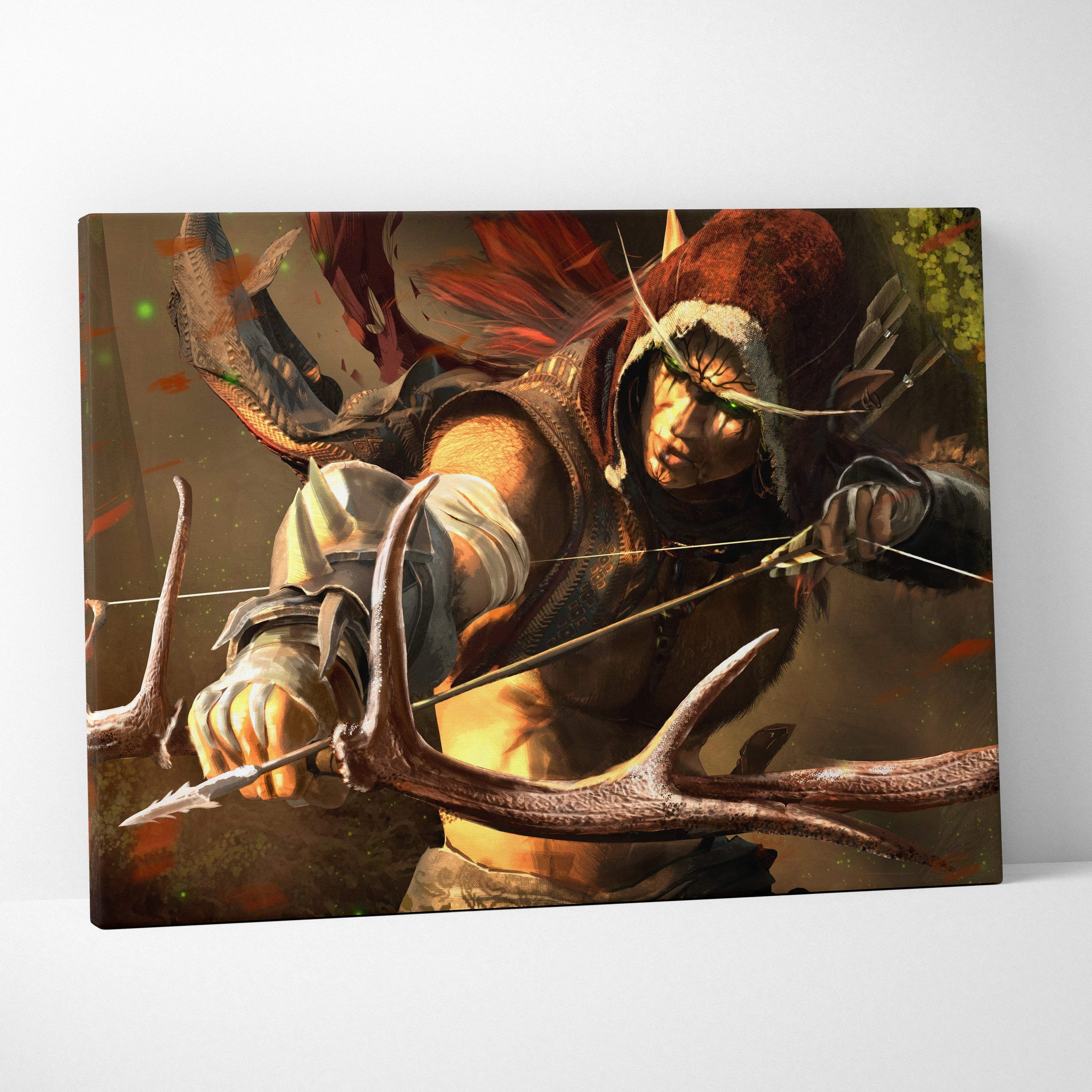 A canvas print of an elven archer warrior in red hood and detailed armor holding an antlered bow with arrows