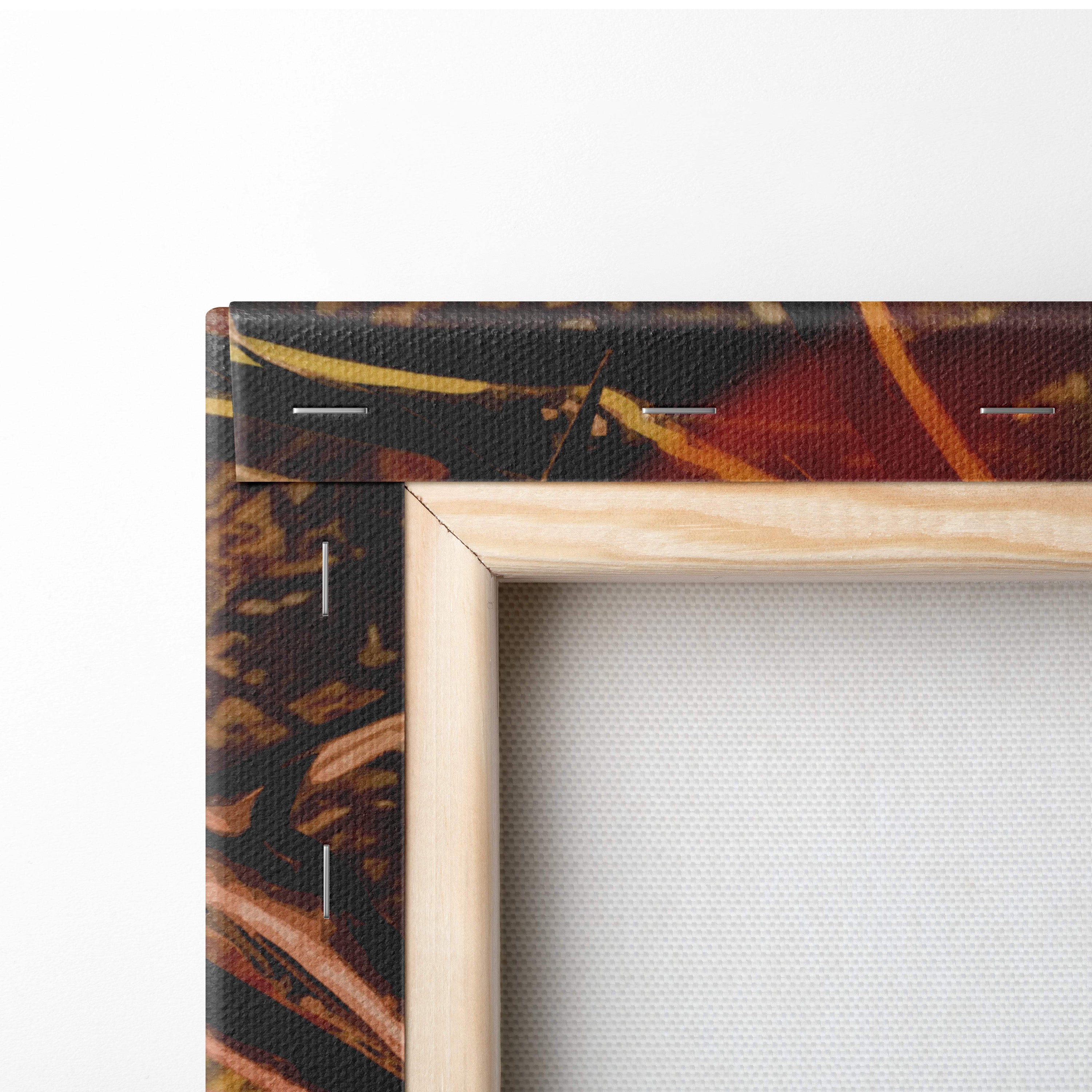 A rustic wooden frame with natural finish holds a dark fairy queen canvas art featuring warm earthy tones and glowing magic