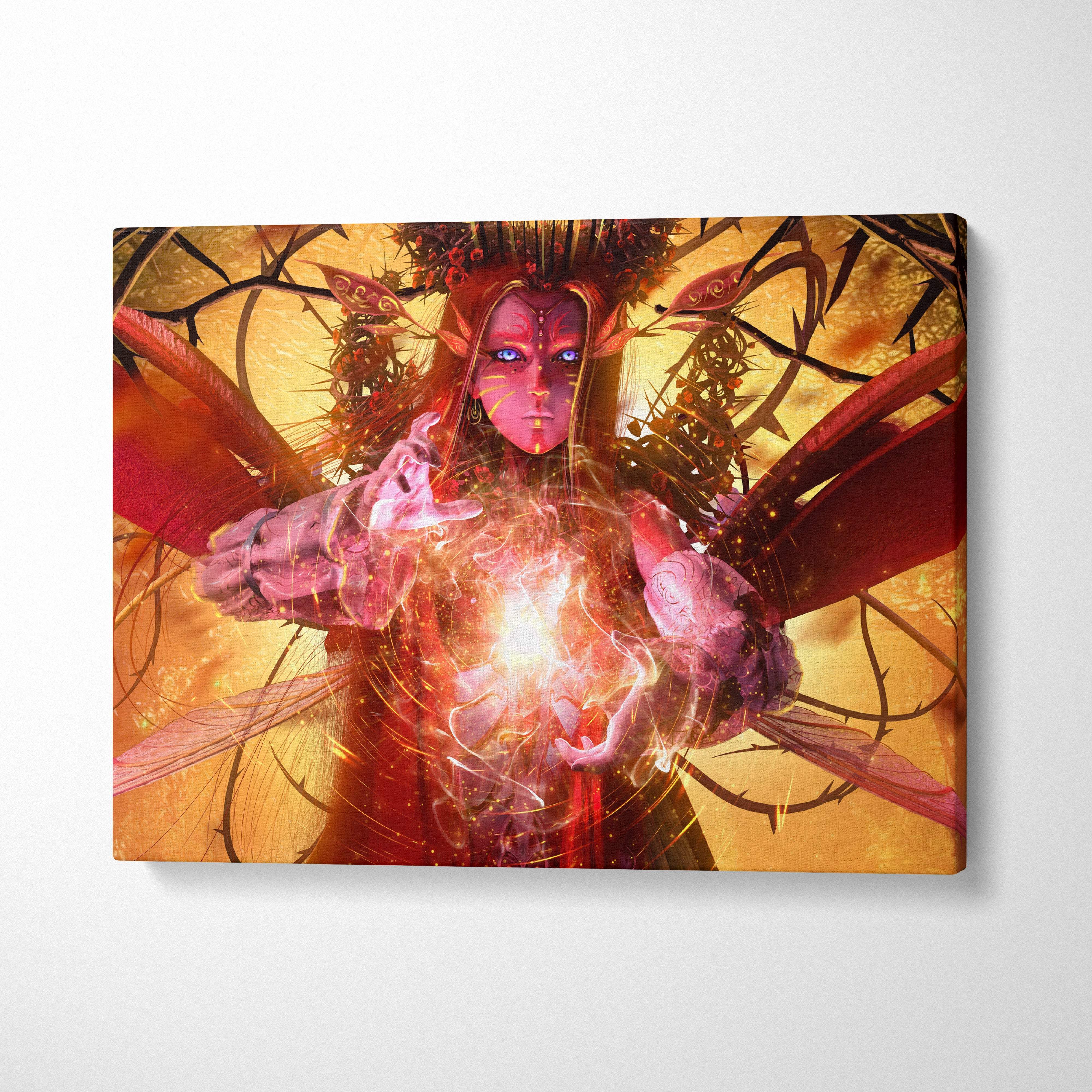 Dark fairy queen canvas art featuring a mystical red winged sorceress with glowing blue eyes and intricate armor