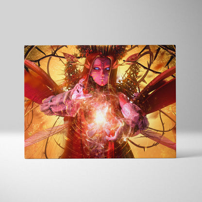 Dark fairy queen canvas art featuring a red-skinned winged sorceress with glowing blue eyes and intricate armor