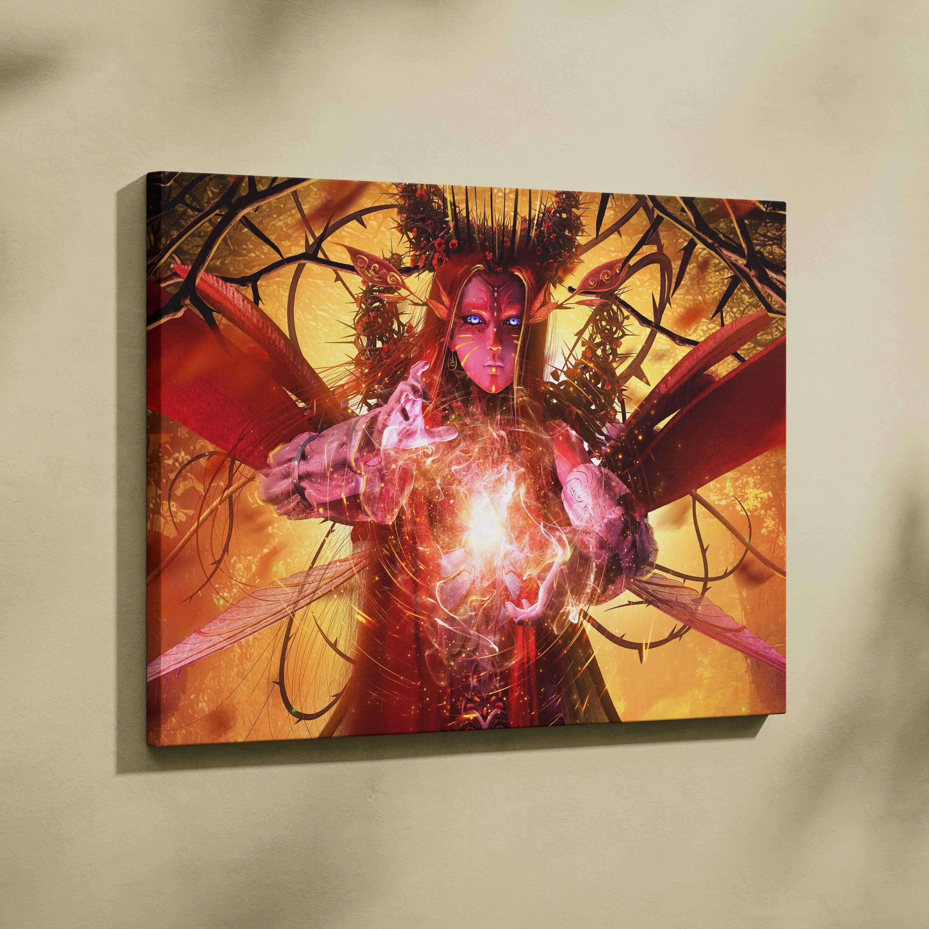 Dark fairy queen canvas art featuring a red-skinned winged sorceress with glowing blue eyes and intricate armor