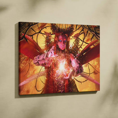 Dark fairy queen canvas art featuring a red-skinned winged sorceress with glowing blue eyes and intricate armor