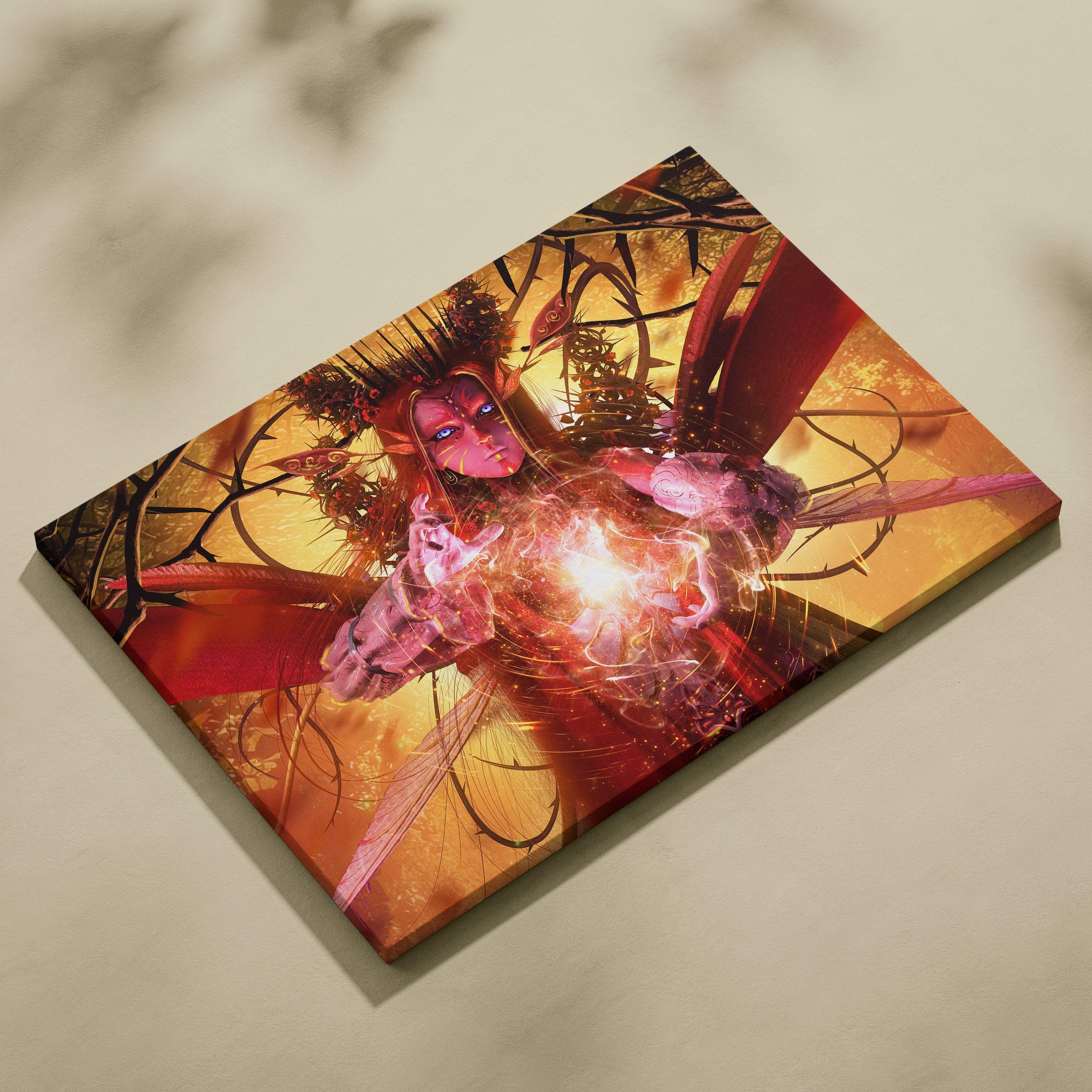 Dark fairy queen canvas art showcasing a red-winged horned sorceress with glowing blue eyes and intricate armor