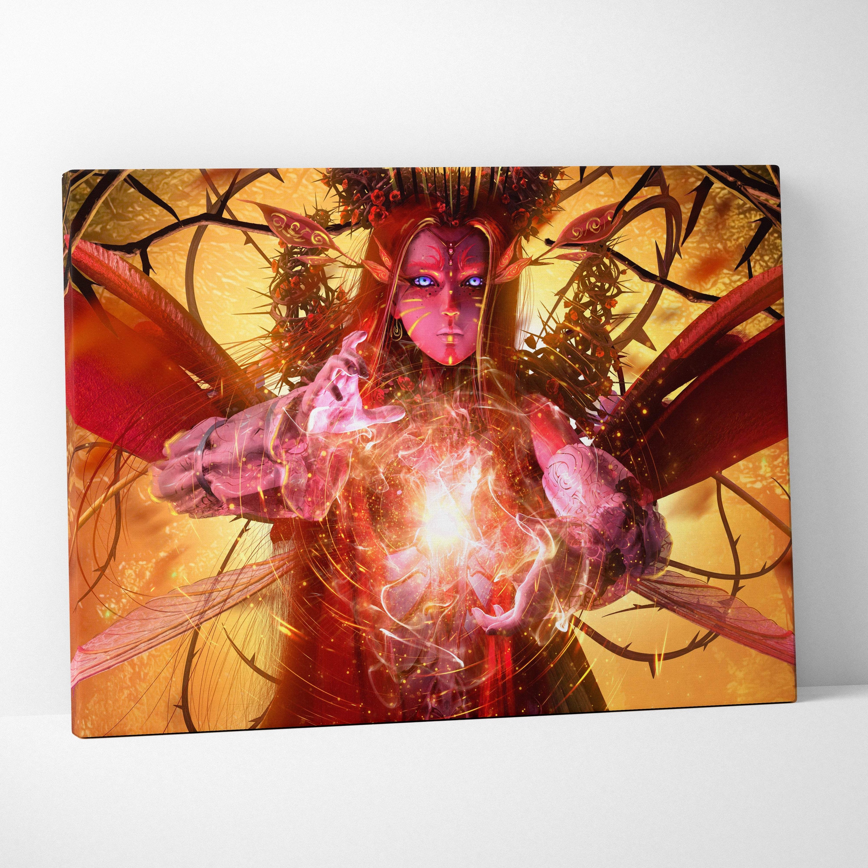 Dark fairy queen canvas art of a red-haired winged sorceress with glowing blue eyes and intricate armor on orange background
