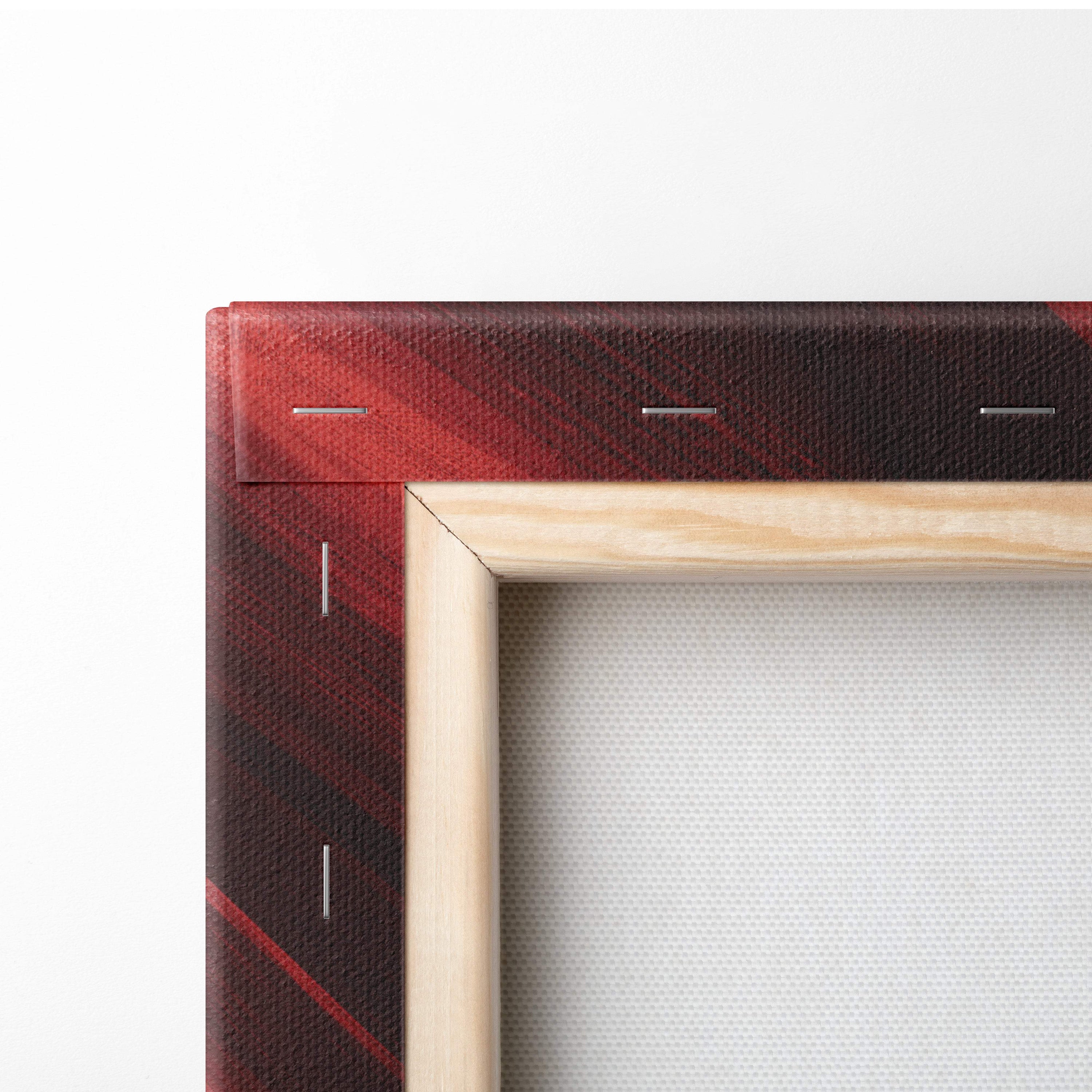 A minimalist wooden frame with a red and black abstract canvas from holy knight sword canvas art print