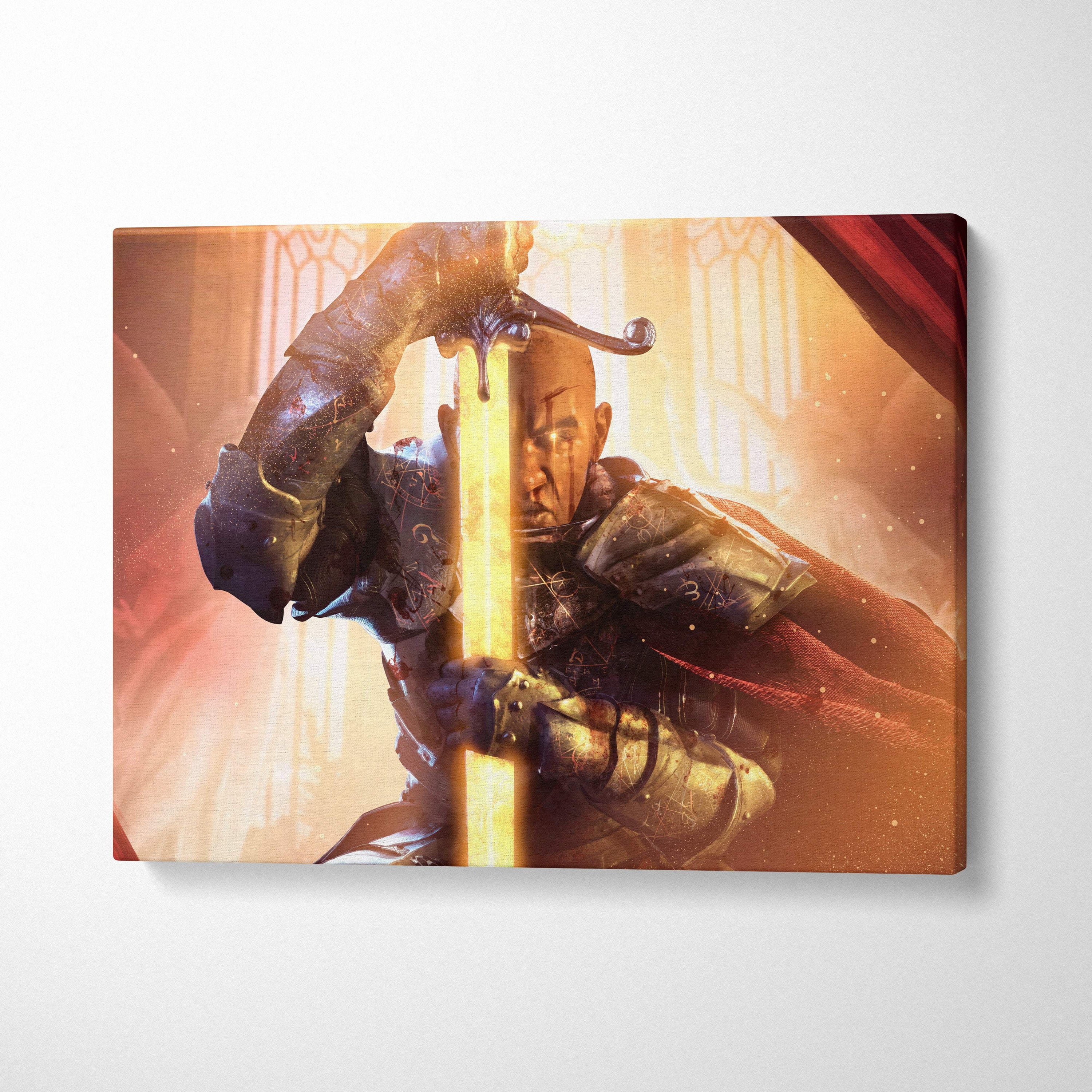 A framed canvas print of a warrior in dark ornate armor holding a glowing golden sword in a sunlit cathedral