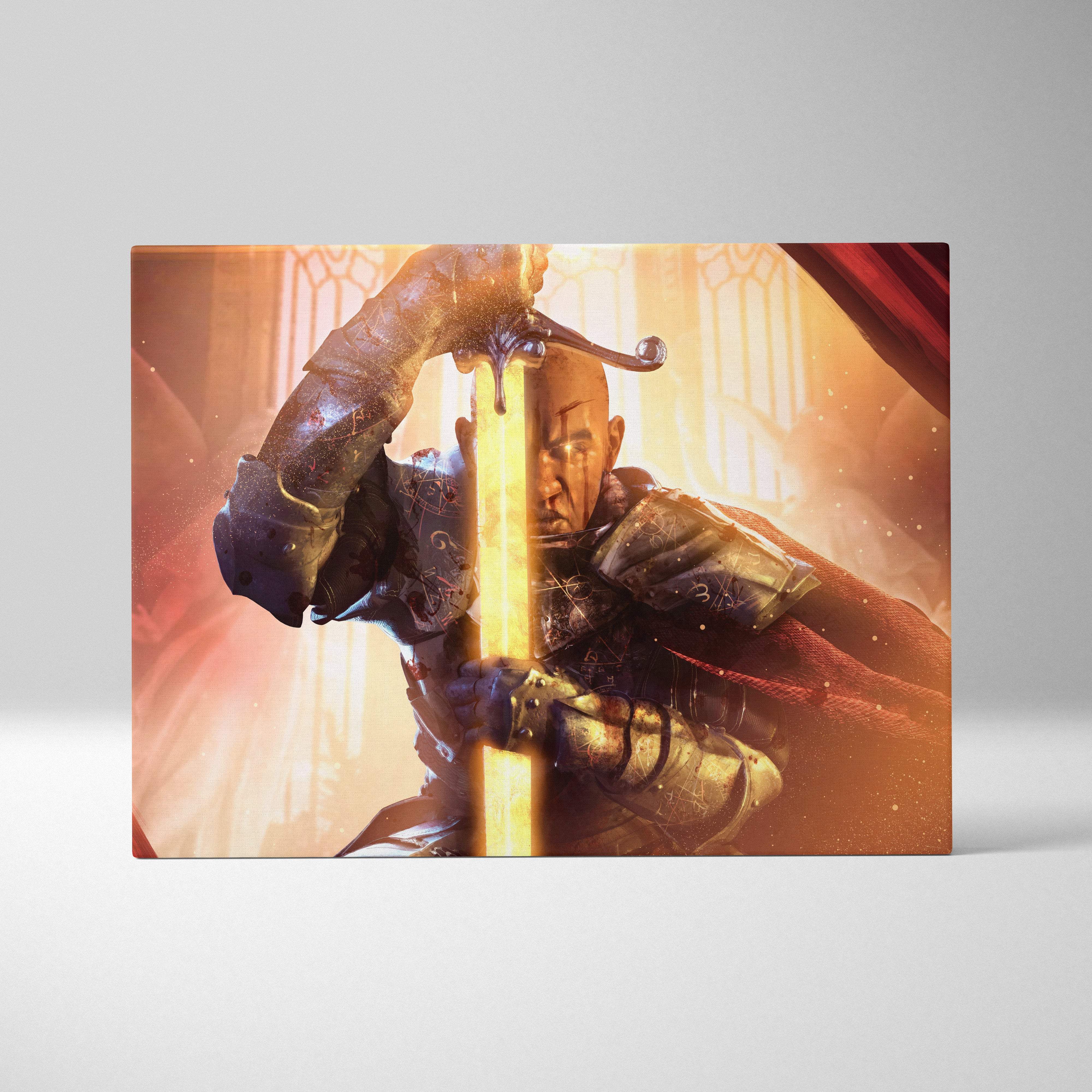 Rectangular canvas print of a radiant paladin warrior with glowing sword in golden light and medieval armor