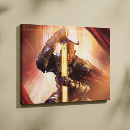 A framed canvas print of a bald warrior in dark ornate armor holding a glowing golden sword with warm light