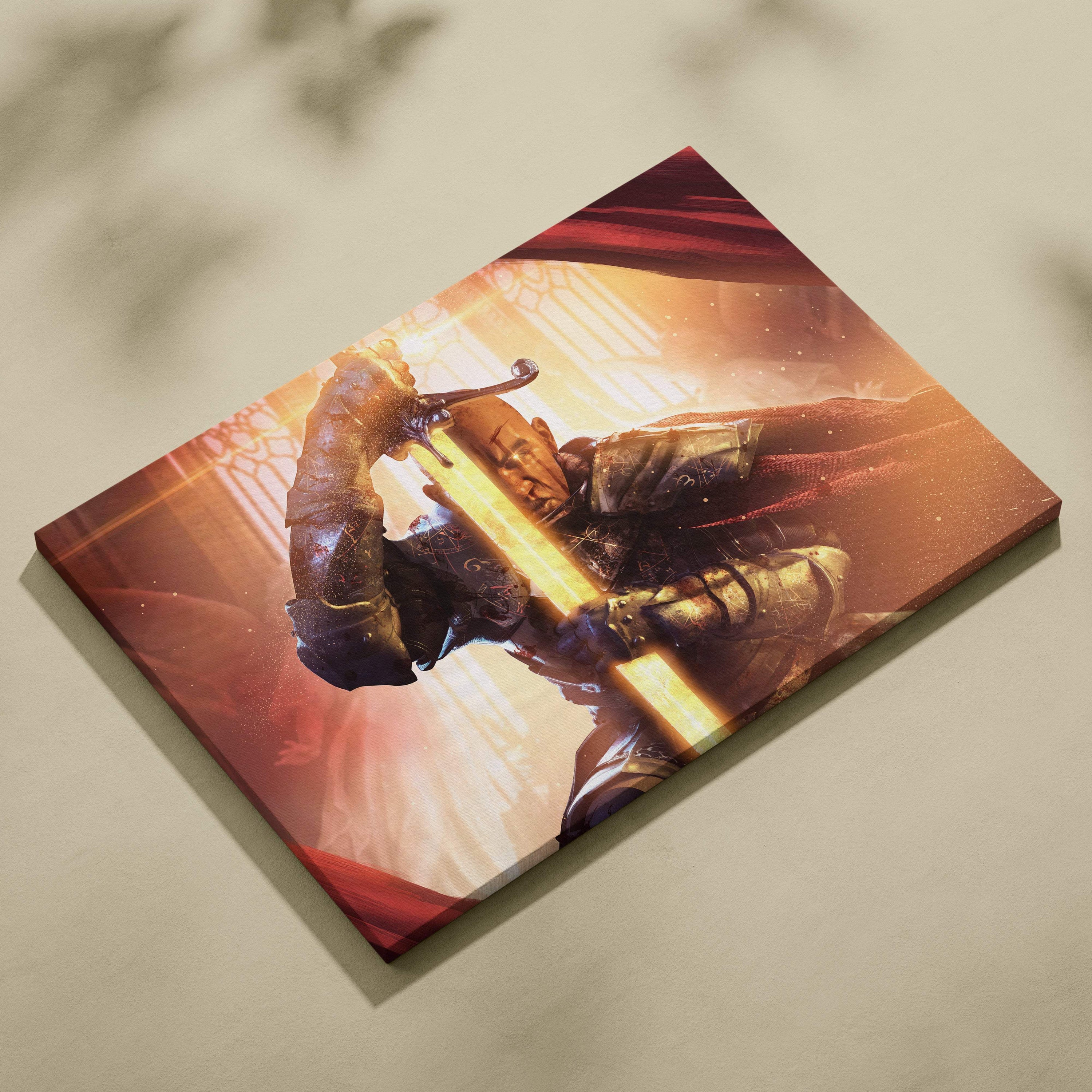 A rectangular canvas print of a radiant paladin warrior with glowing blade in red and gold medieval fantasy armor