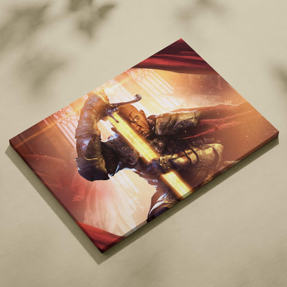 A rectangular canvas print of a radiant paladin warrior with glowing blade in red and gold medieval fantasy armor