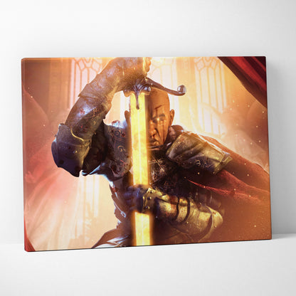 A framed canvas print of a radiant paladin warrior holding a glowing golden sword in medieval fantasy armor