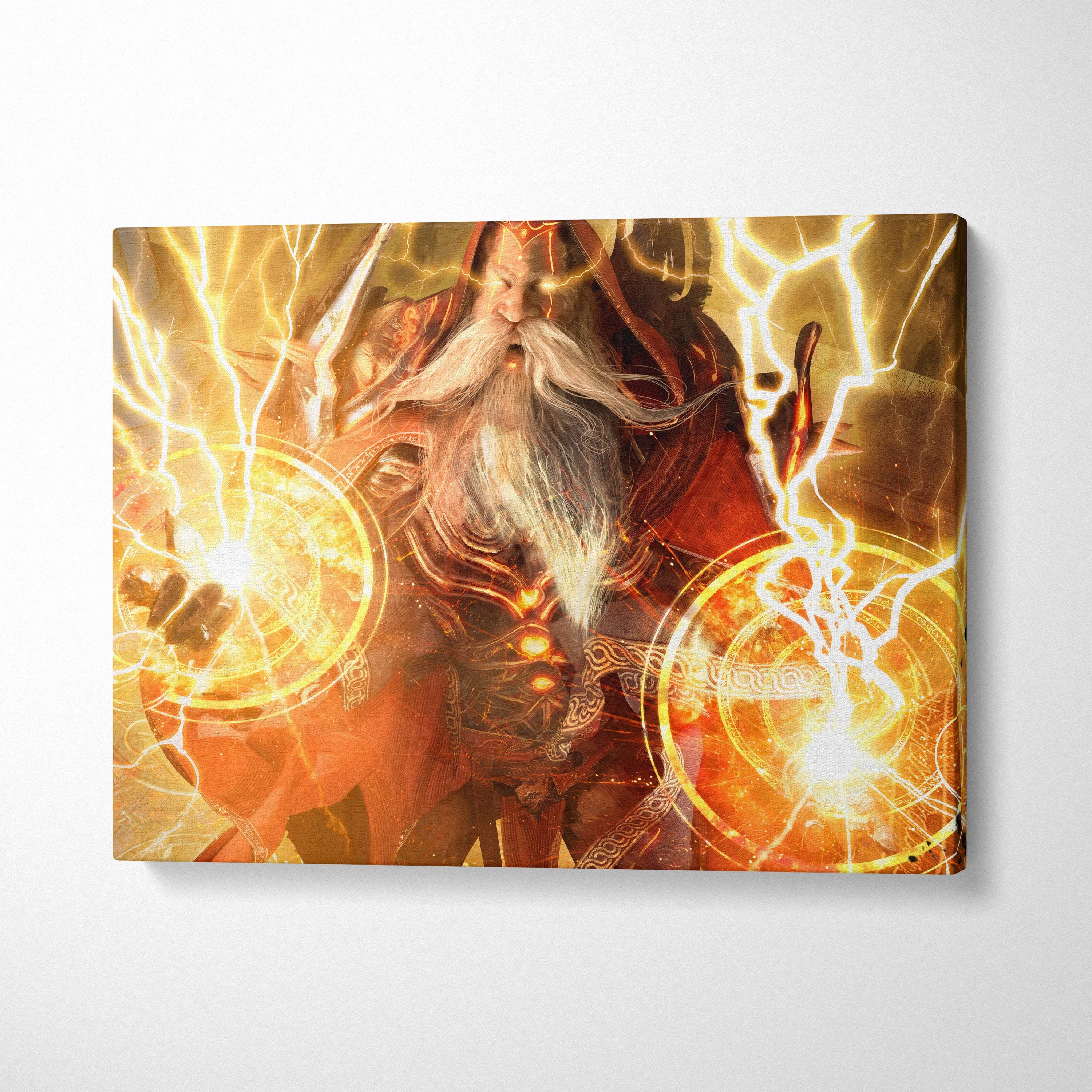 Vibrant canvas print of a storm mage wizard in red robes with glowing golden lightning and magic circles