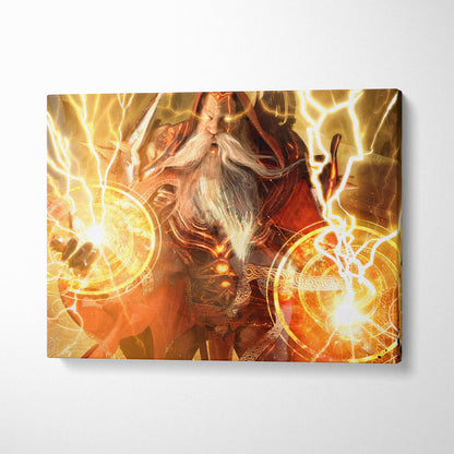 Vibrant canvas print of a storm mage wizard in red robes with glowing golden lightning and magic circles