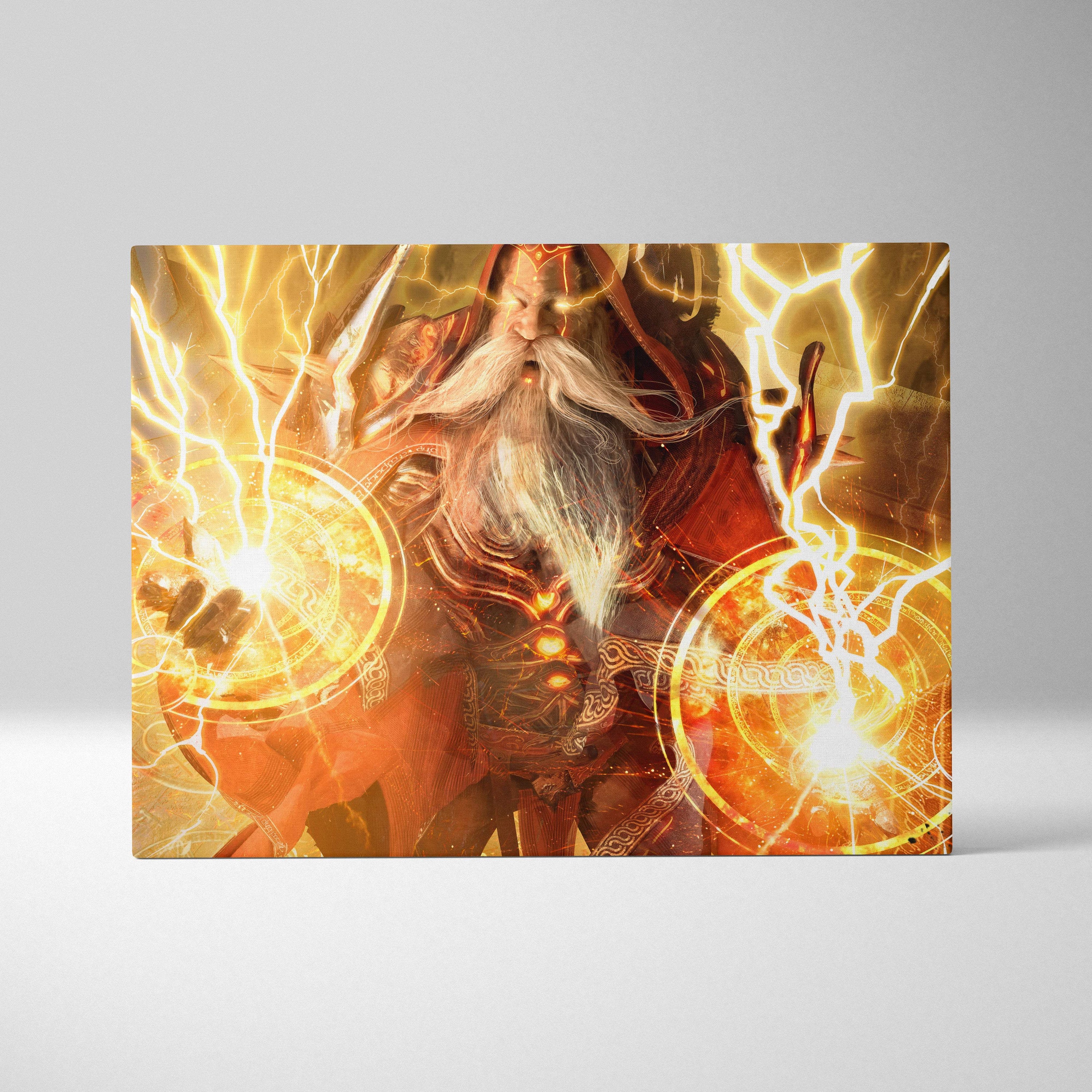 A rectangular canvas print of a fantasy storm mage wizard with red armor and glowing golden lightning effects