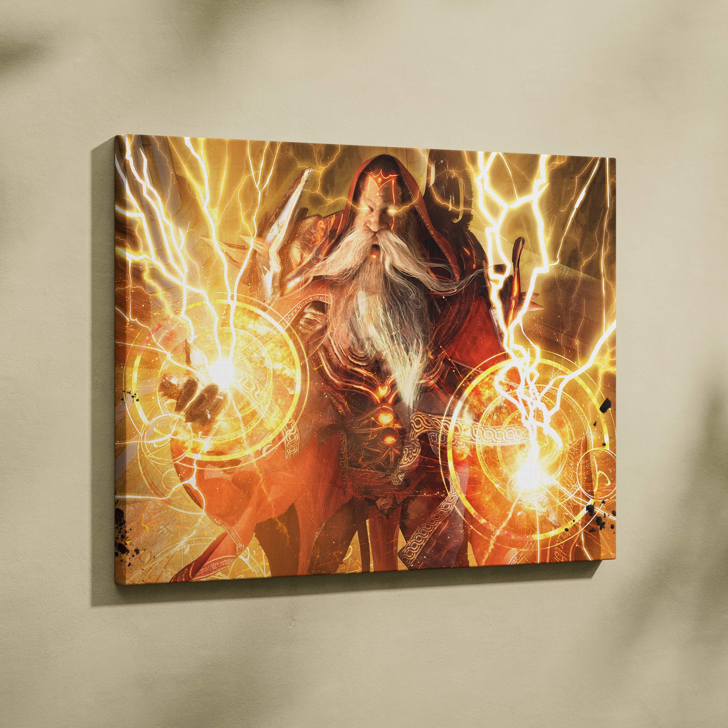 A vibrant canvas print of a storm mage wizard in red robes with glowing golden lightning and magic circles