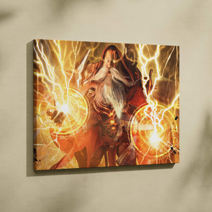 A vibrant canvas print of a storm mage wizard in red robes with glowing golden lightning and magic circles