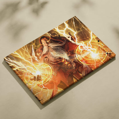 Vibrant orange and gold storm mage wizard canvas art showing a bearded wizard casting lightning spells with glowing magic circles