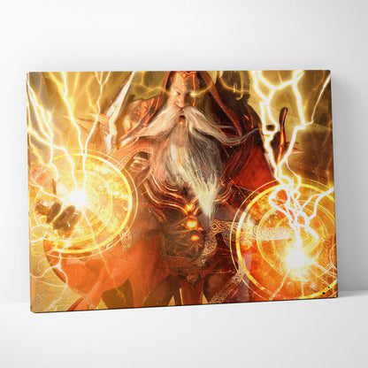 Vibrant canvas print of a bearded storm mage wizard in red and gold armor with glowing lightning effects