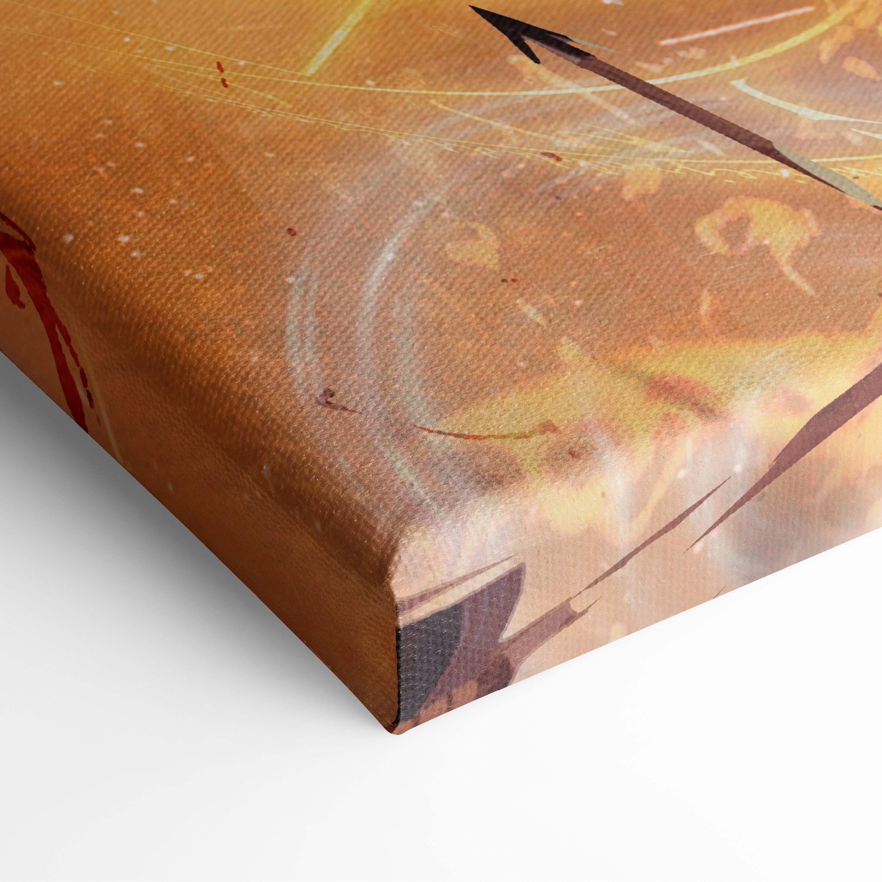 Divine archangel warrior canvas art with warm textured abstract design featuring bold black arrows and red splashes