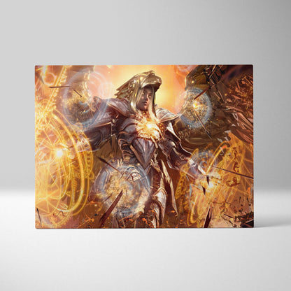 Divine archangel warrior canvas art featuring a golden armored warrior with glowing chest and mechanical wings