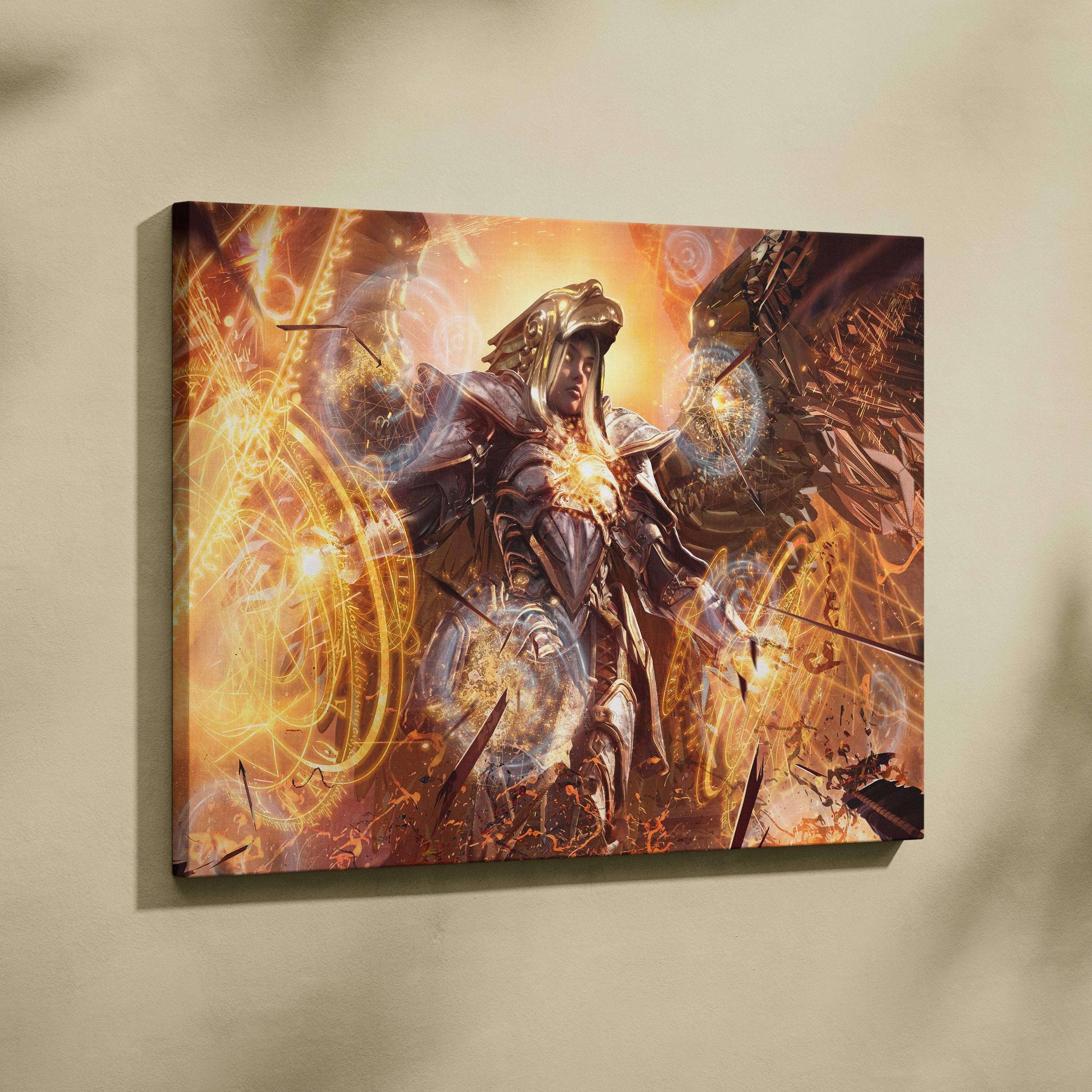 Vibrant fantasy canvas art of an armored warrior in golden and dark metallic armor surrounded by glowing magic energy