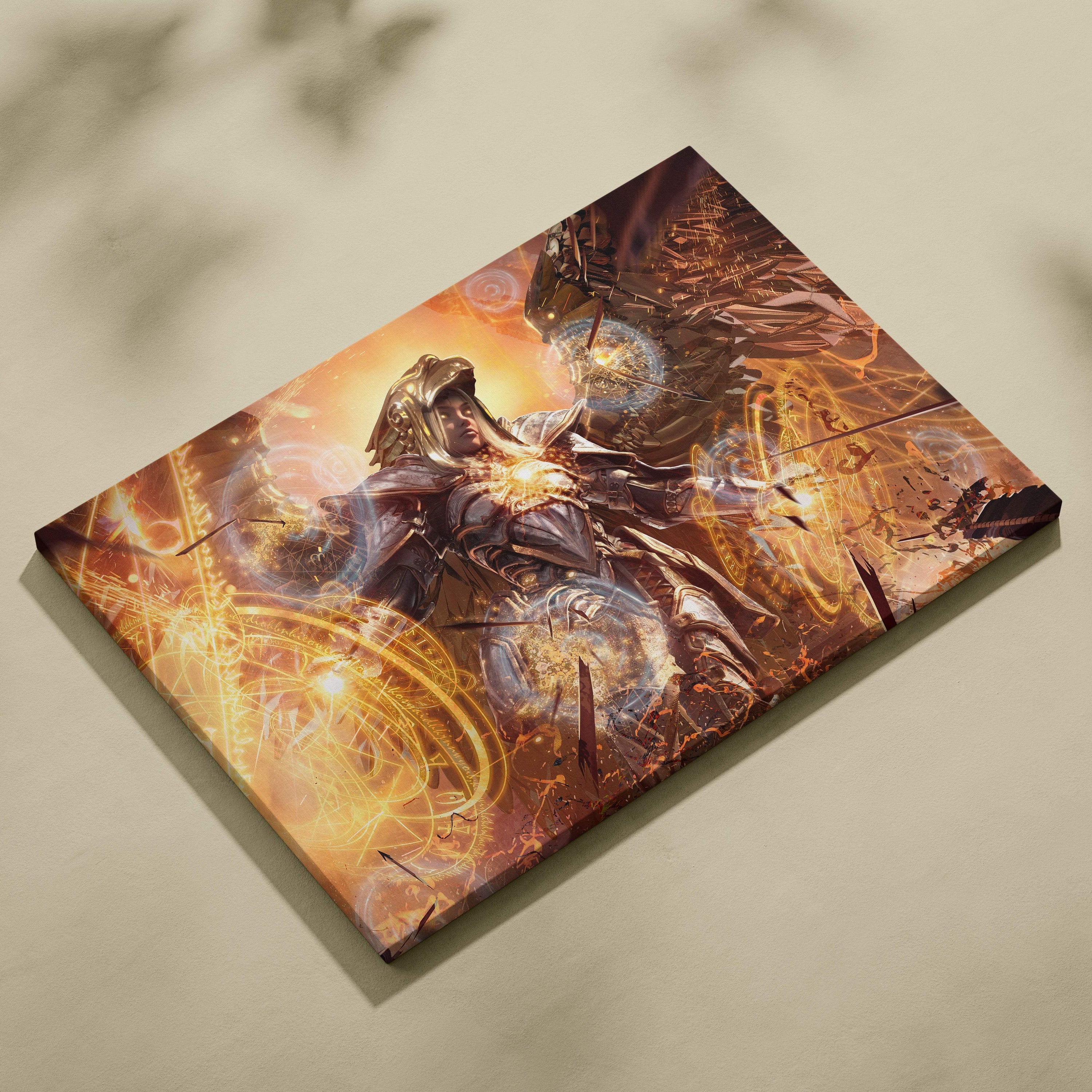 A vibrant rectangular canvas print of a divine archangel warrior in radiant golden celestial armor with glowing magical energy