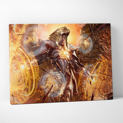 Divine archangel warrior canvas art featuring a radiant golden armored angel with glowing magical energy in battle