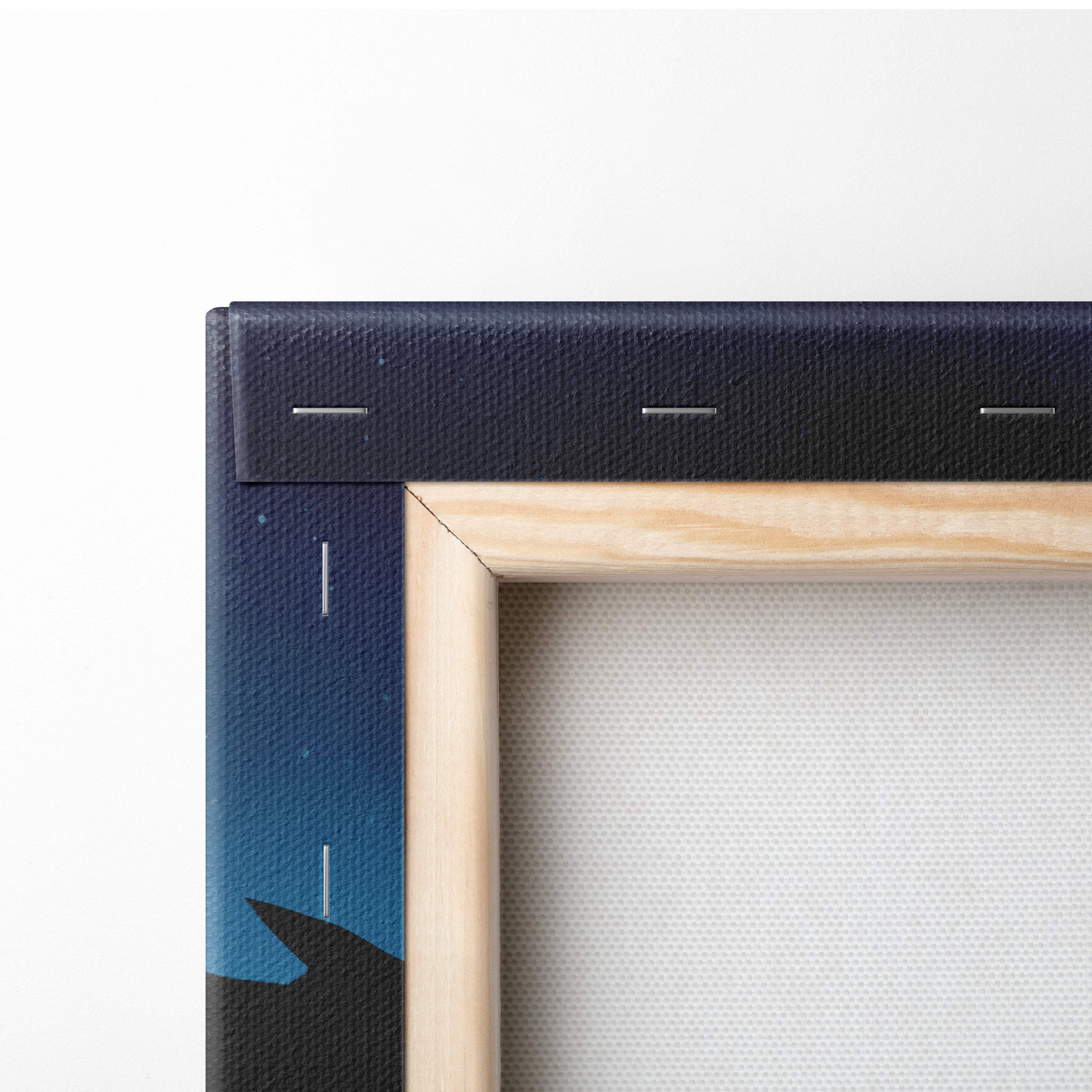 Dark reaper rising navy blue canvas art with starry night design framed in light wood with visible stitching edges