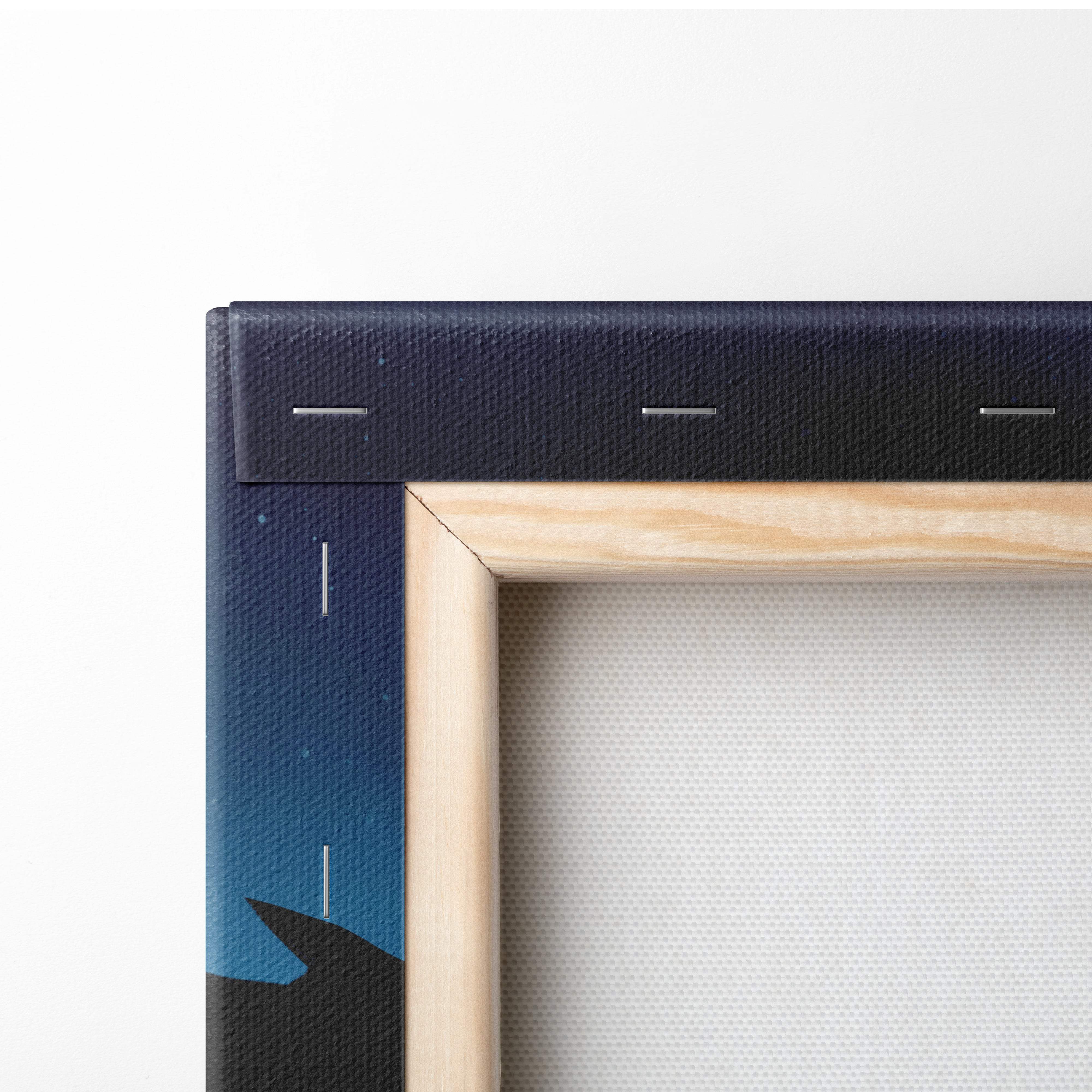 Dark reaper rising navy blue canvas art with starry night design framed in light wood with visible stitching edges