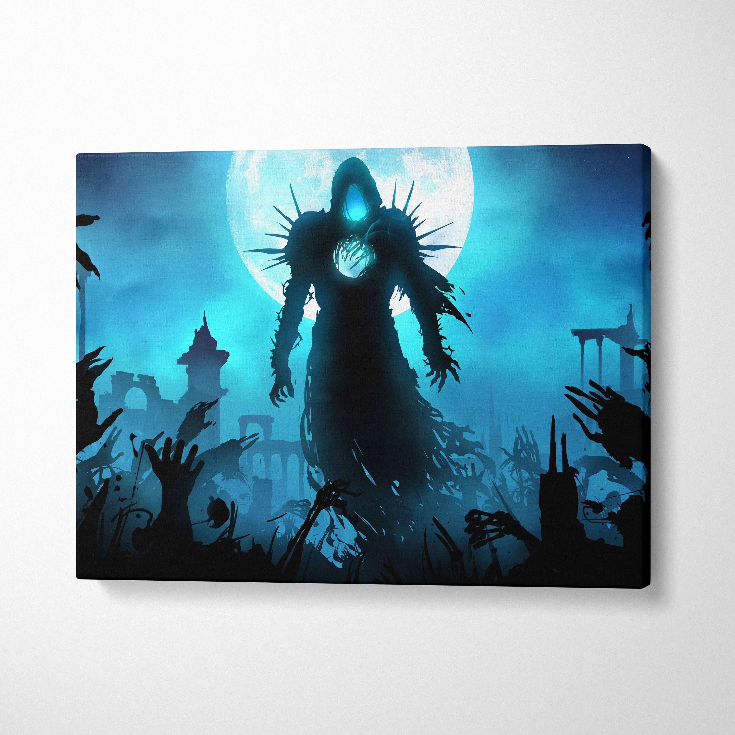 Blue-toned canvas print of a dark spiky figure with glowing blue eyes and chest against a full moon backdrop