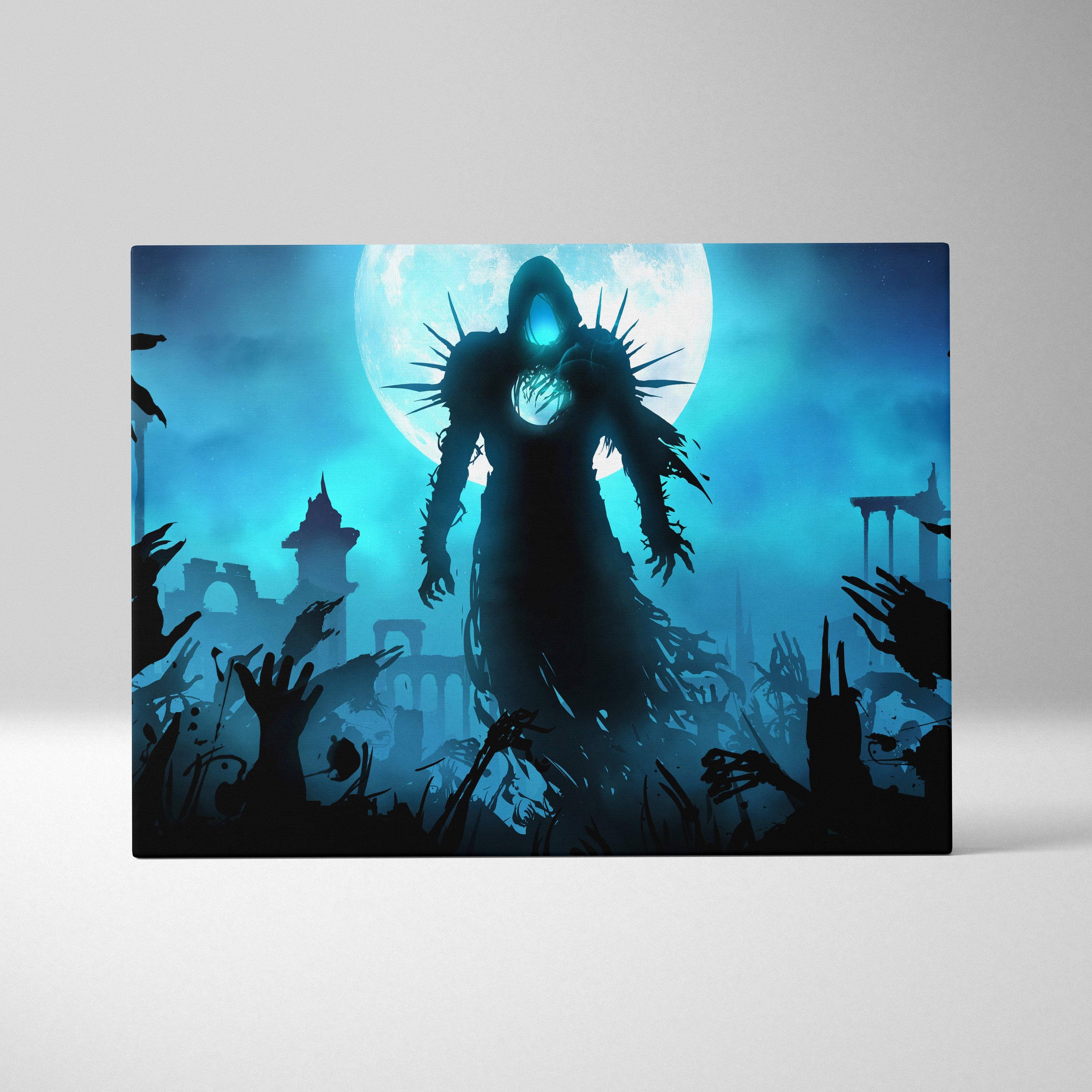 Dark reaper rising canvas art showing a hooded figure with glowing blue eyes against a full moon in gothic fantasy style