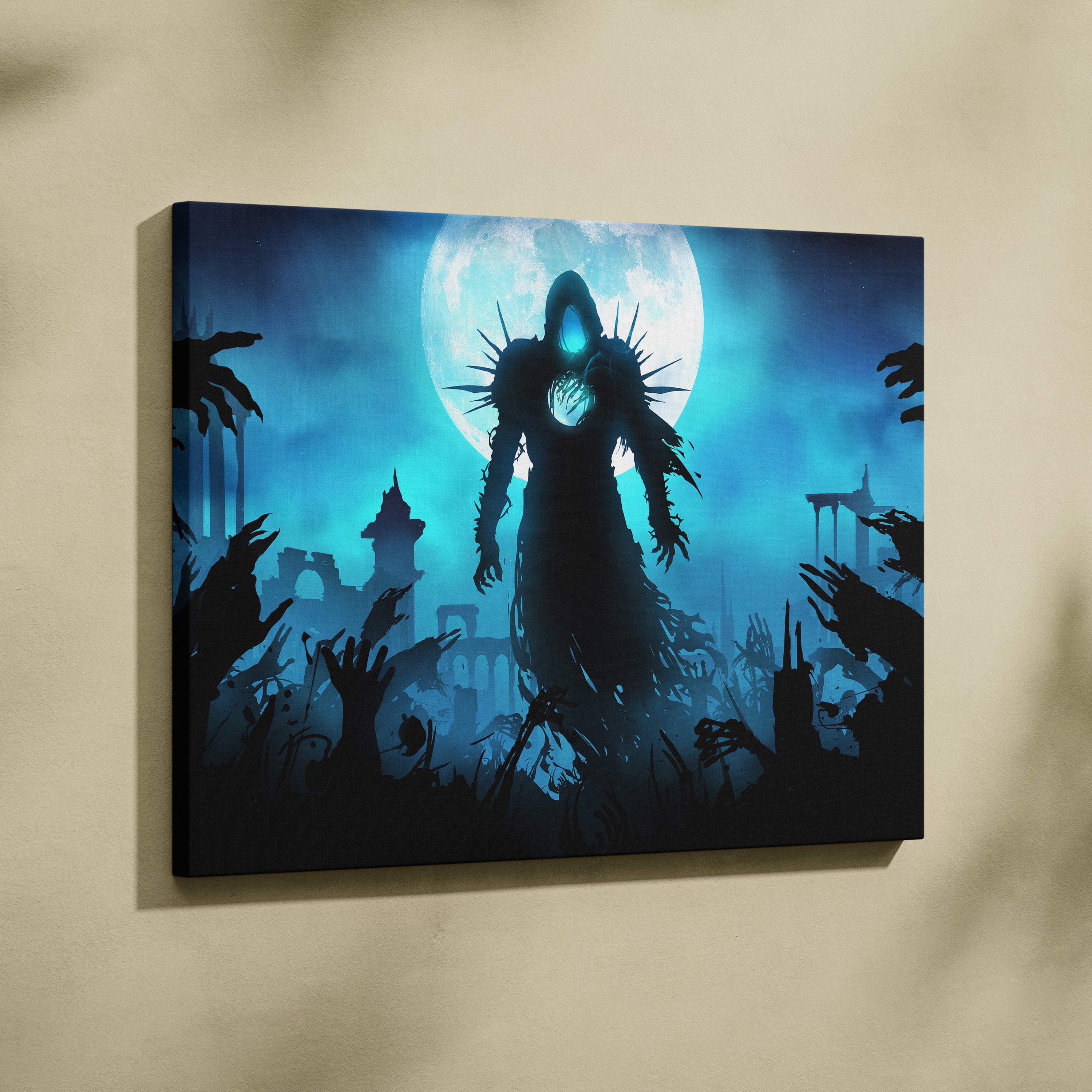 Blue-toned canvas print of a spiky hooded figure before a full moon with silhouetted ruins and reaching hands