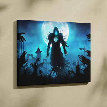Blue-toned canvas print of a spiky hooded figure before a full moon with silhouetted ruins and reaching hands