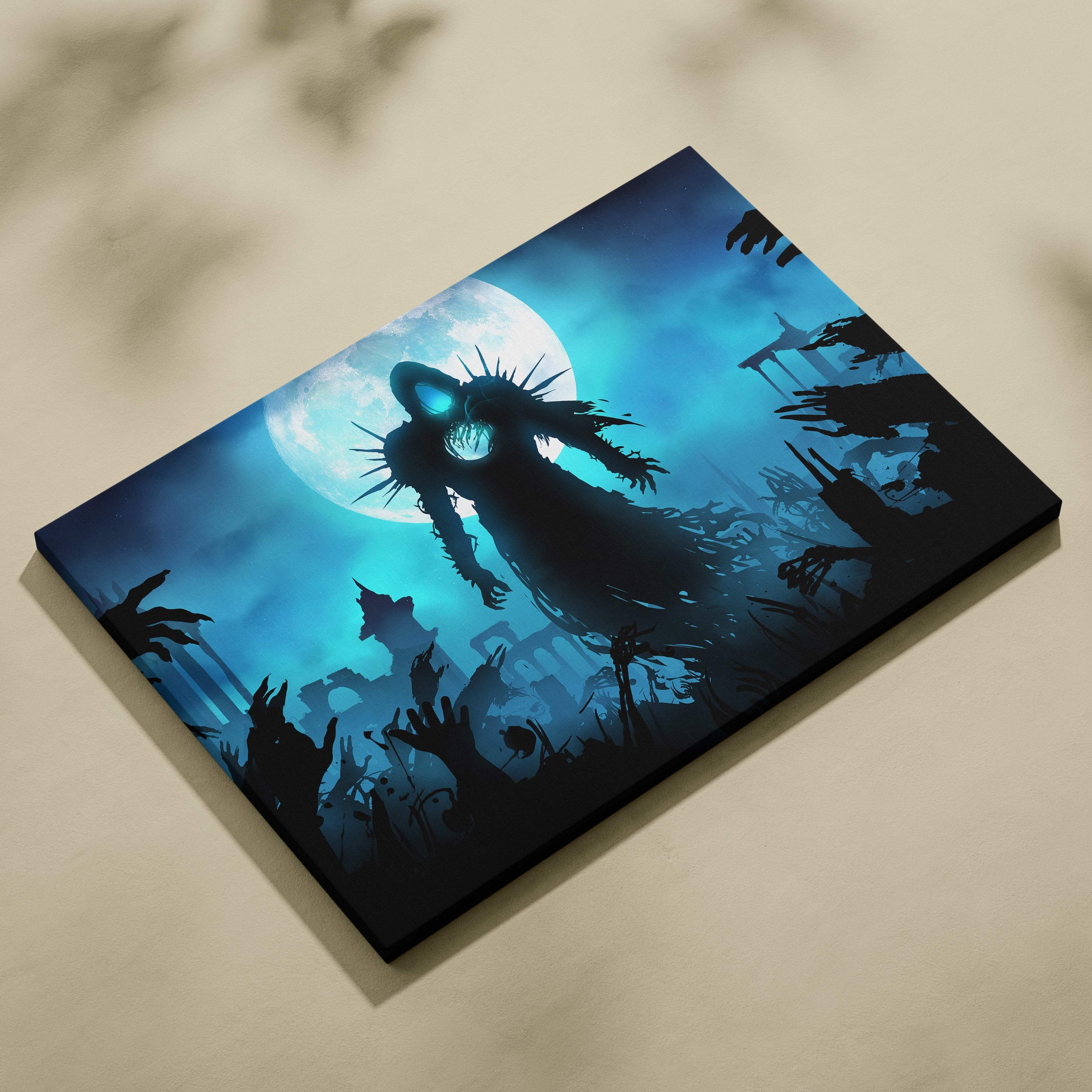 Dark reaper rising canvas art with a menacing spiky silhouette and zombie hands against a glowing blue moon
